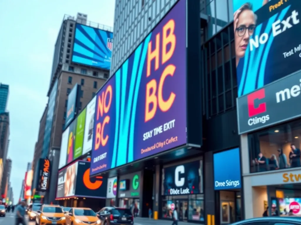 Dynamic digital billboard in urban setting, real-time data-driven content adjustment, bustling city atmosphere, blending digital screen with city life