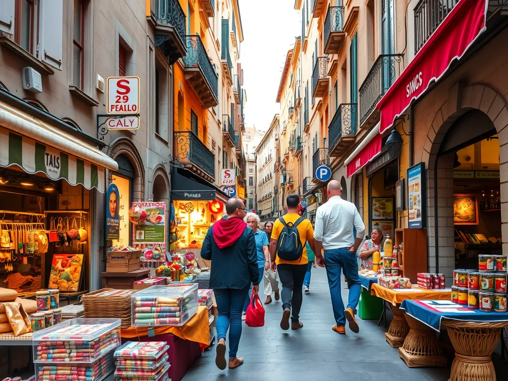 Barcelona street market transformed through digital interfaces, with vendors showcasing their products via virtual storefronts, connecting with global shoppers, vibrant colors, detailed cultural elements