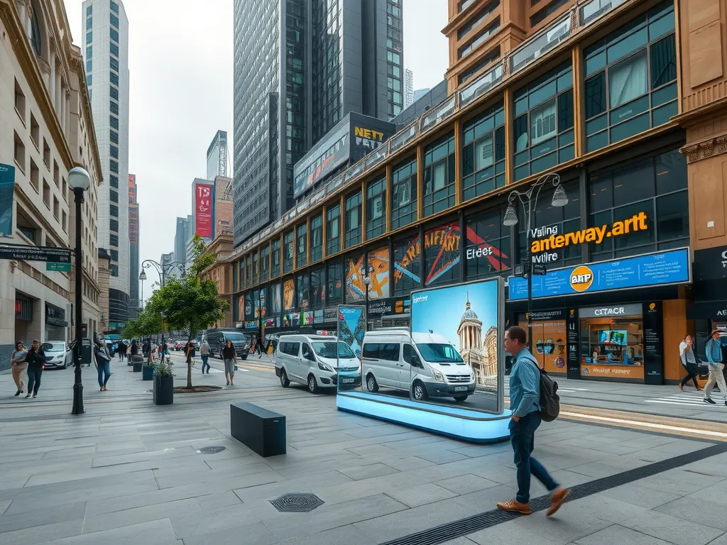 Smart urban environment with digital art installations and augmented reality elements interacting with public spaces, showcasing the innovative use of technology in everyday city life, photorealistic, detailed urban landscape