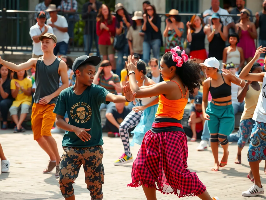 Historical urban street dance battle, young and diverse dancers showcasing skills, colorful clothing, cheering crowd in the background, vibrant and energetic, natural lighting