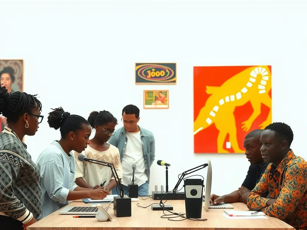 Diverse community of artists interacting with AI tools in a collaborative workshop, inclusive atmosphere, focus on technology and creativity for cultural preservation