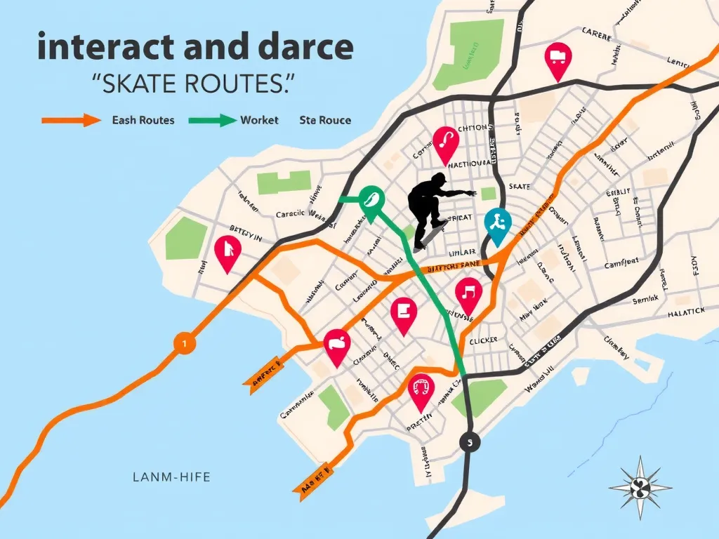 Interactive city map highlighting skate and dance routes, vibrant graphics, community markers, digital and traditional elements blending