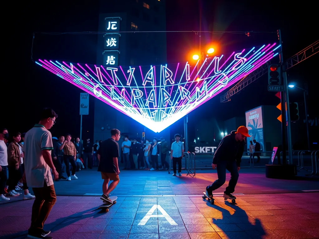 AI-enhanced nighttime skateboarding event in Tokyo, vibrant light show, artistic visuals in collaboration with performers, photorealistic scene