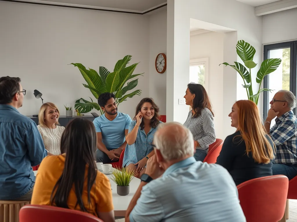 Community gathering discussing digital and cultural integration with AI, diverse group, informal and open setting, mixed generations, inclusive dialogue