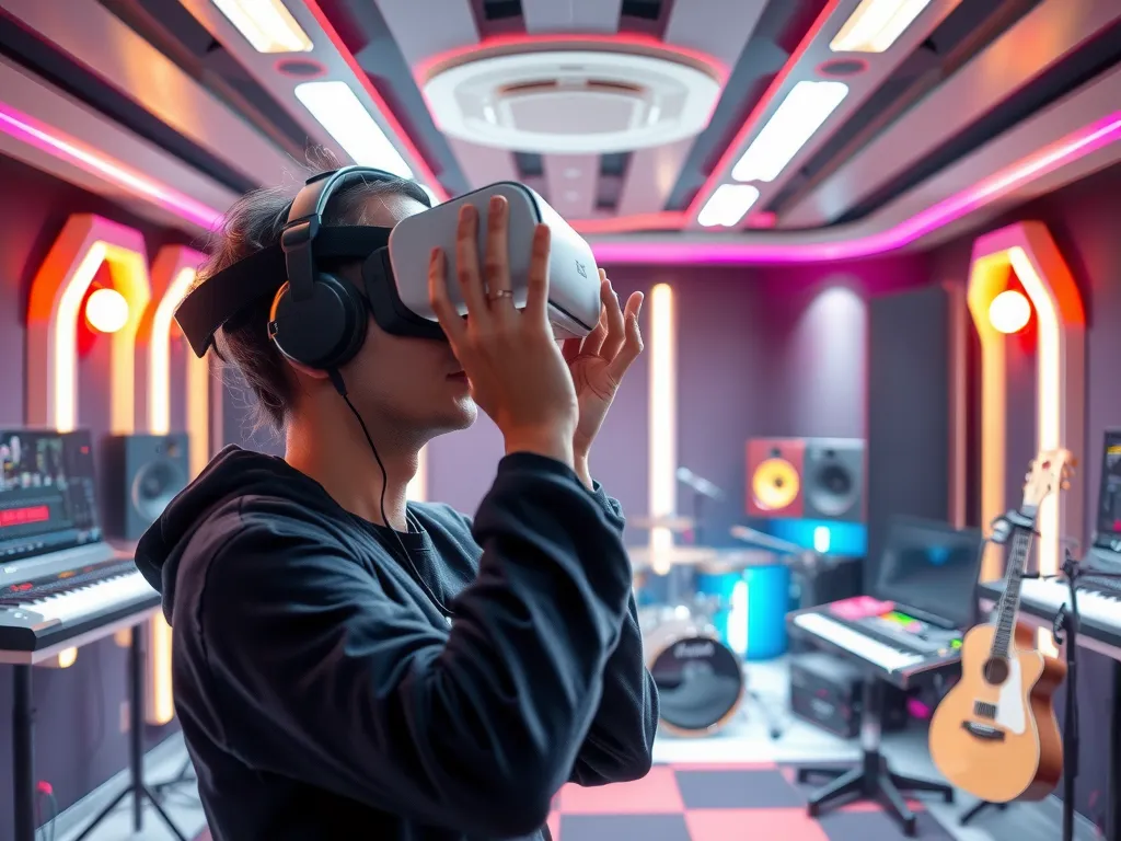 An artist using a virtual reality headset to experience a 3D music studio, futuristic and immersive setting