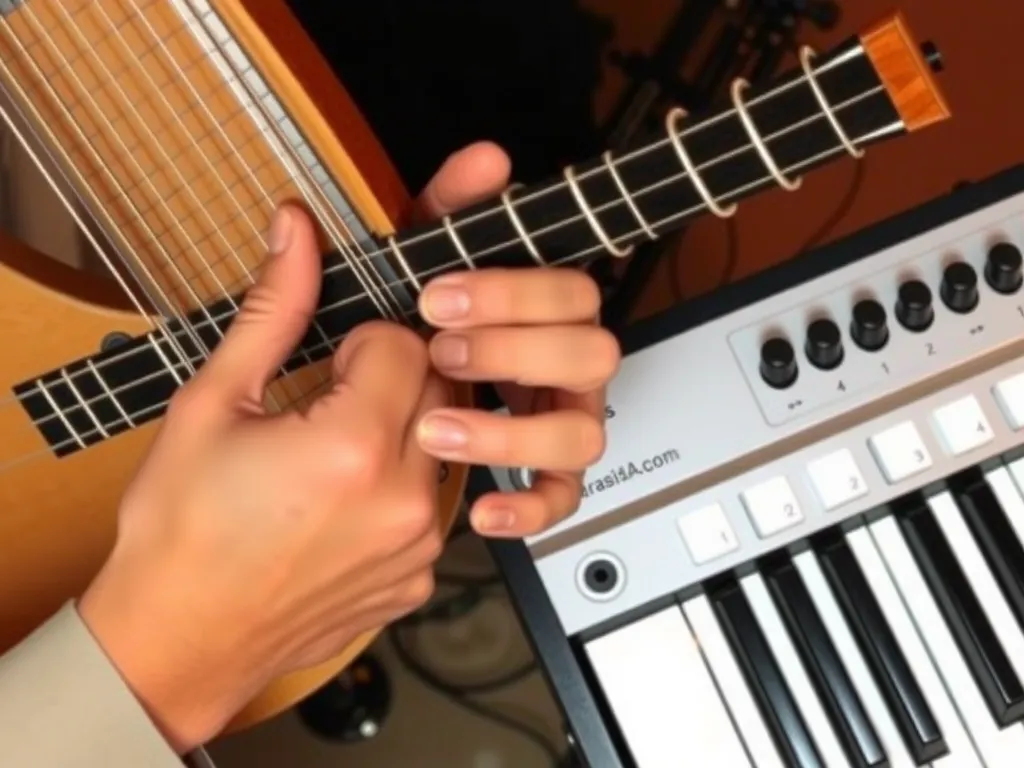 Hands of a musician playing a traditional Arabic oud next to a modern digital synthesizer, fusion of traditional and digital
